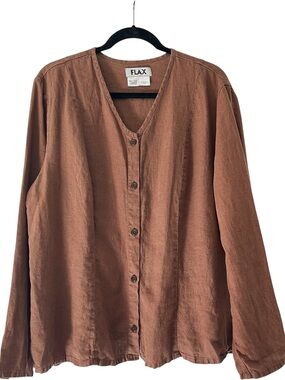FLAX Jeanne Engelhart 100% Linen Shirt Jacket L Brown Button Front Pockets